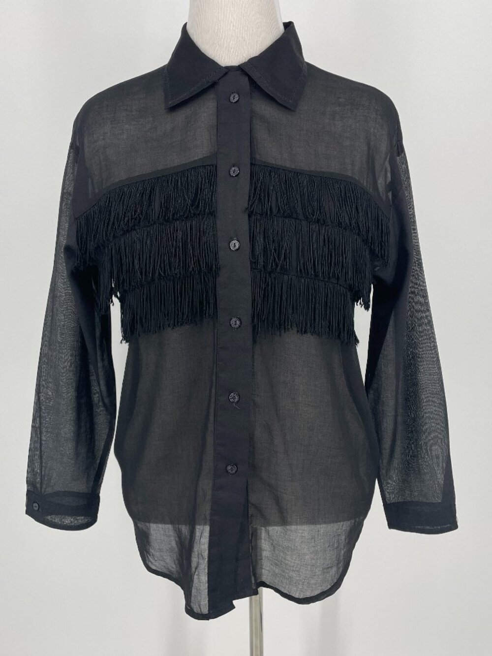 Vintage 80s Hairston Roberson Black Sheer Fringe Western Button Down S